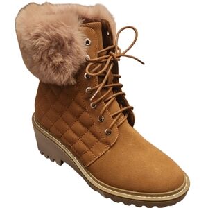 Nicole Miller Faux Fur Trim Camel Latte Wedge Boot Women's Size 7.5